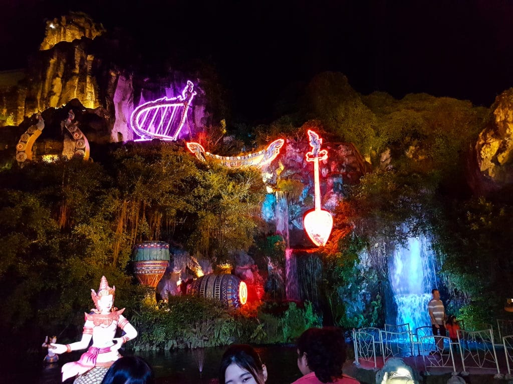 Phuket FantaSea park lit up at night in Kamala