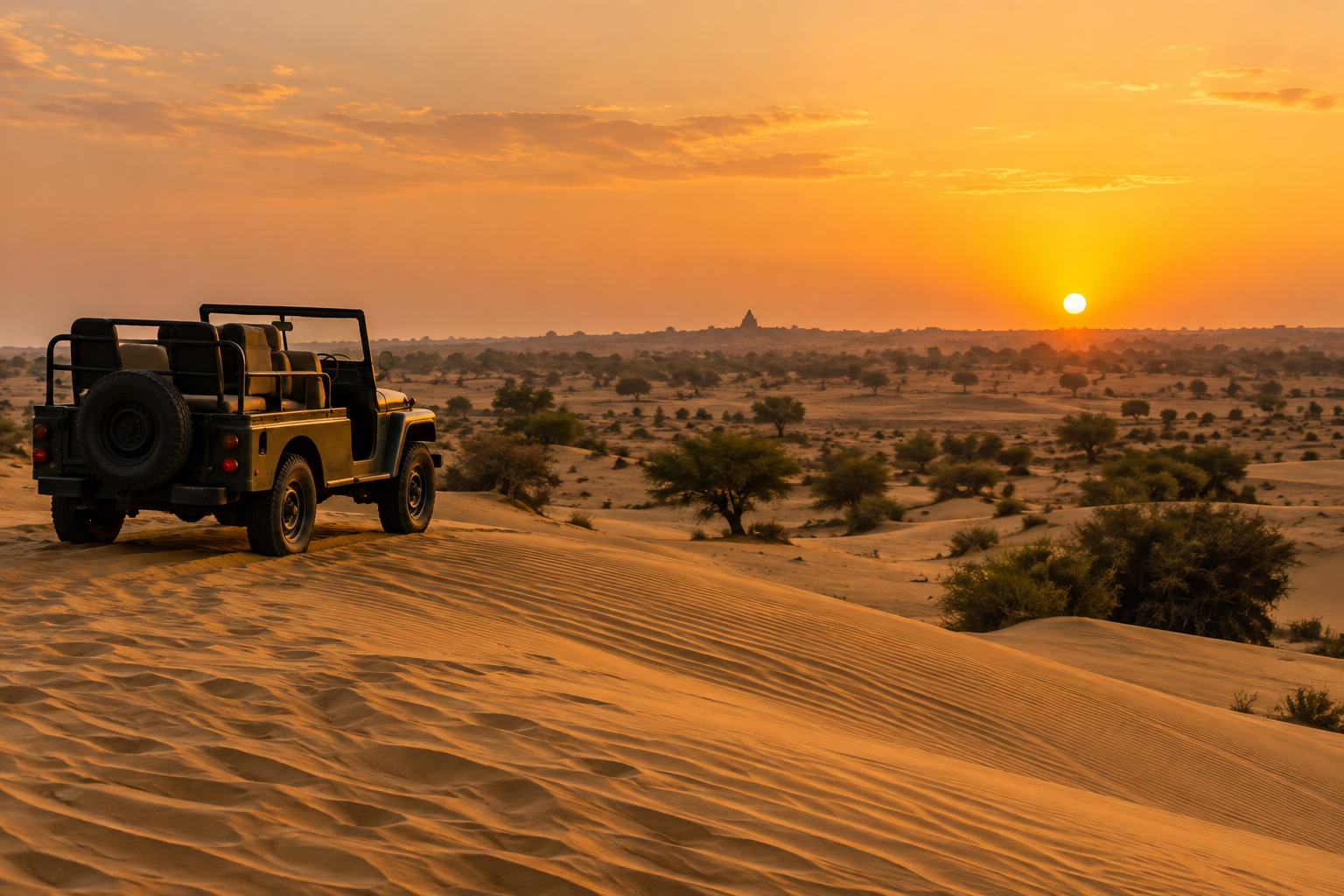 Jeep on a Thar Desert dune near Osian at sunset