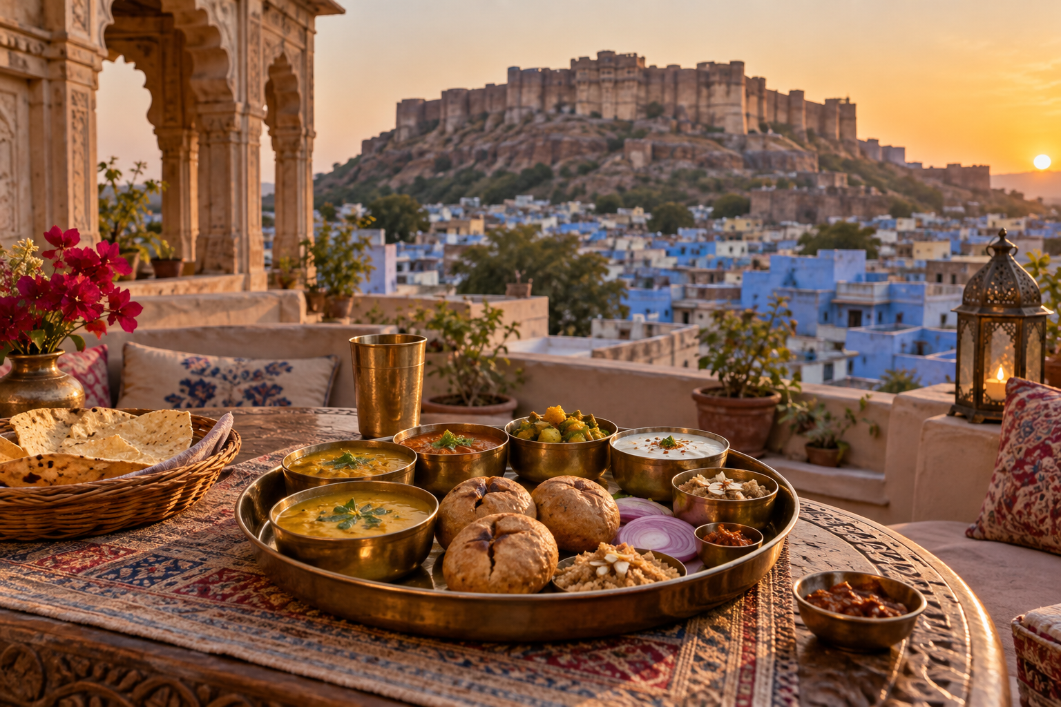 Rajasthani thali served on a rooftop terrace in Jodhpur