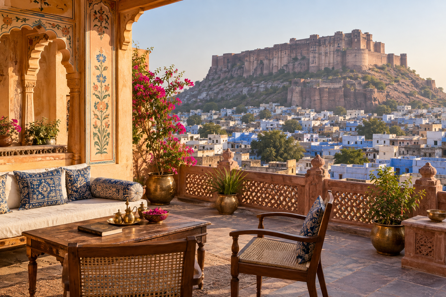 Heritage rooftop overlooking Mehrangarh Fort in Jodhpur