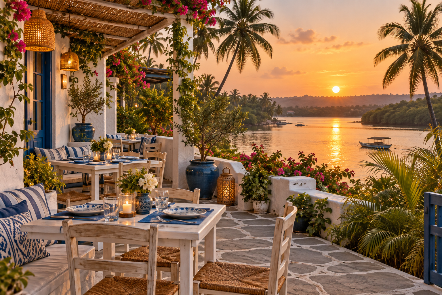 Illustrative Greek taverna terrace by a Siolim river at sunset