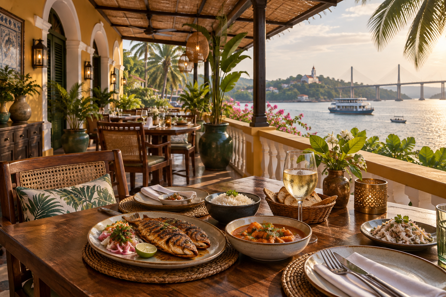 Illustrative riverside seafood dining terrace in Panjim, Goa