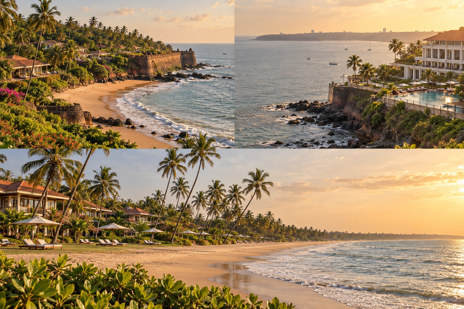Editorial illustration of a tropical resort on Goa’s Sinquerim coast, inspired by the setting of Taj Fort Aguada