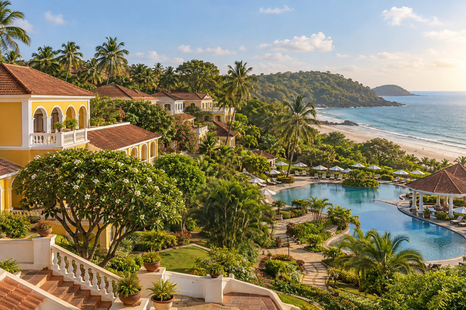 Illustrative contemporary hotel surrounded by palms, representing a city stay at Vivanta Goa Panaji
