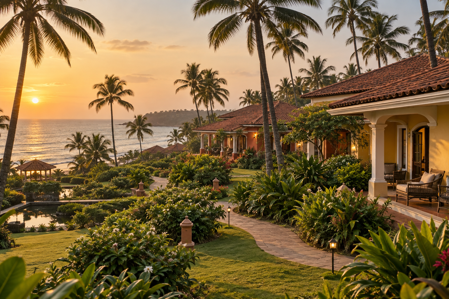 Illustrative view of a tropical Goa beach resort representing a South Goa stay such as Taj Exotica