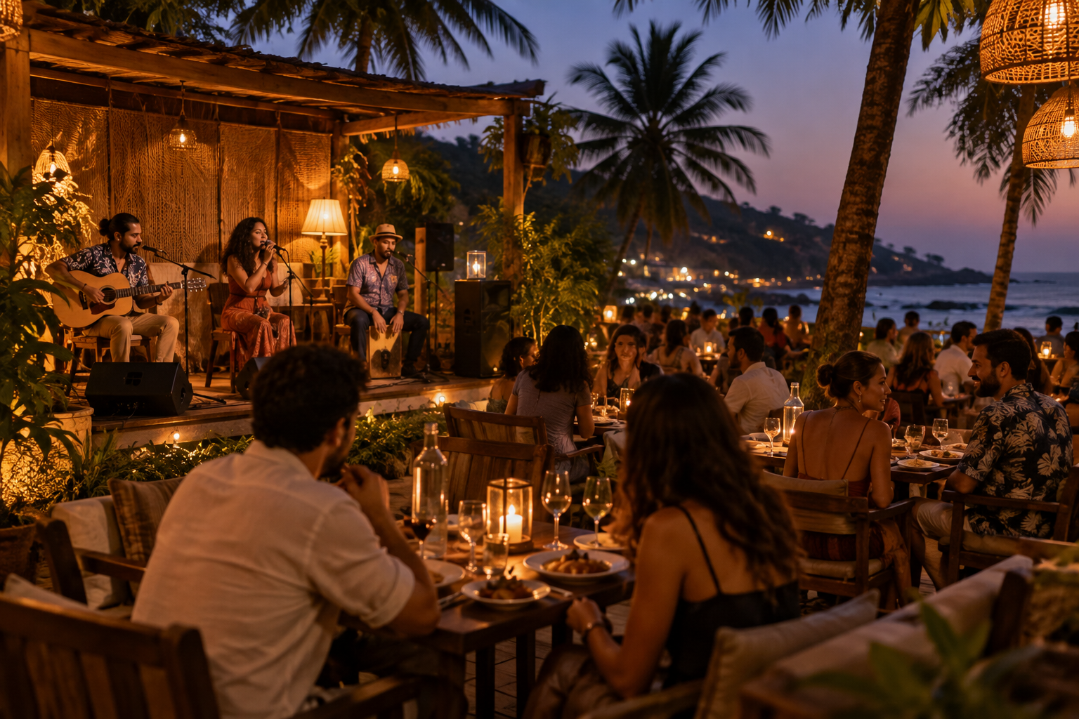 Illustrative open-air North Goa restaurant at dusk with an acoustic band performing for diners beneath palms
