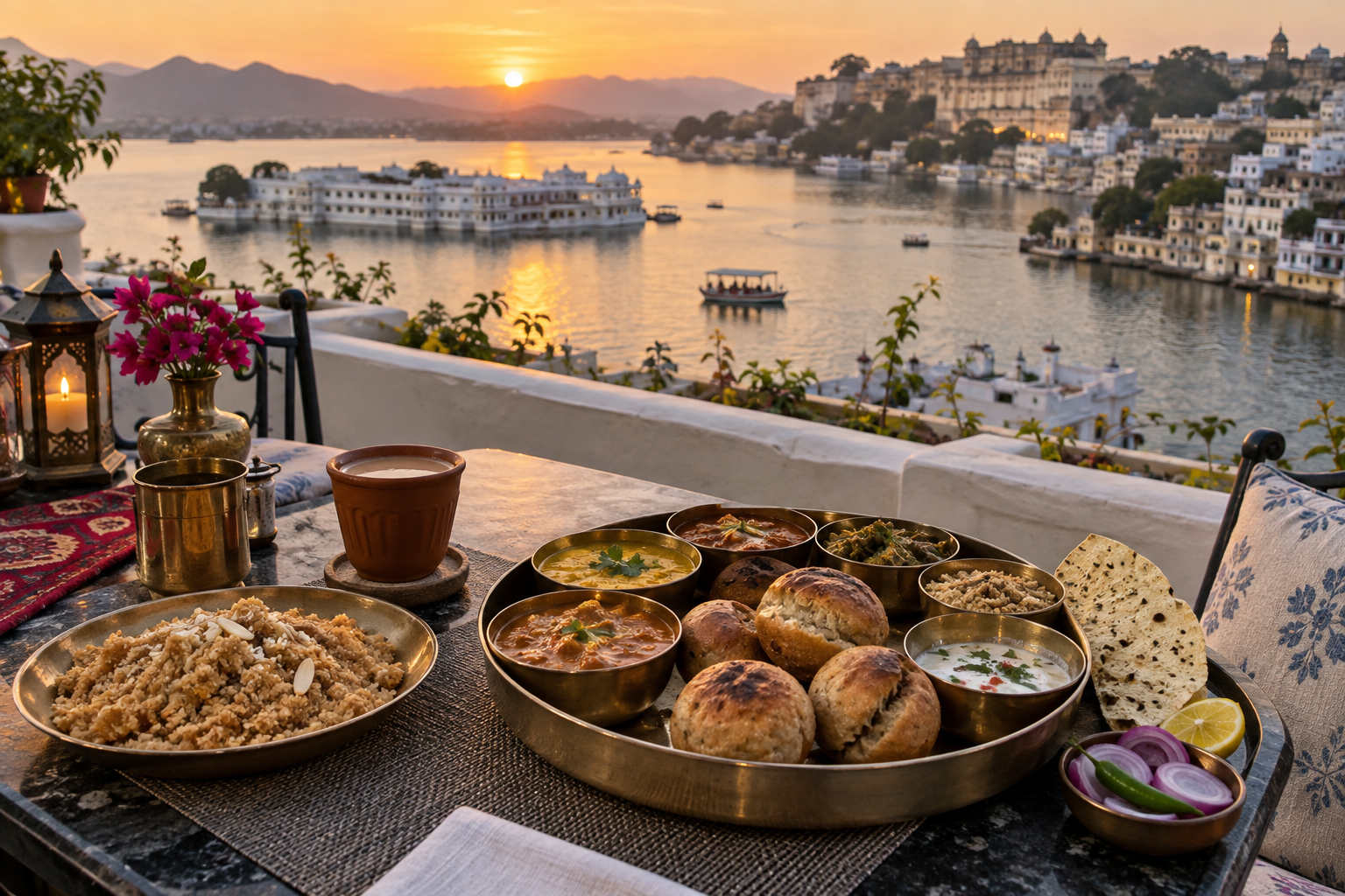 Rooftop dining in Udaipur at sunset