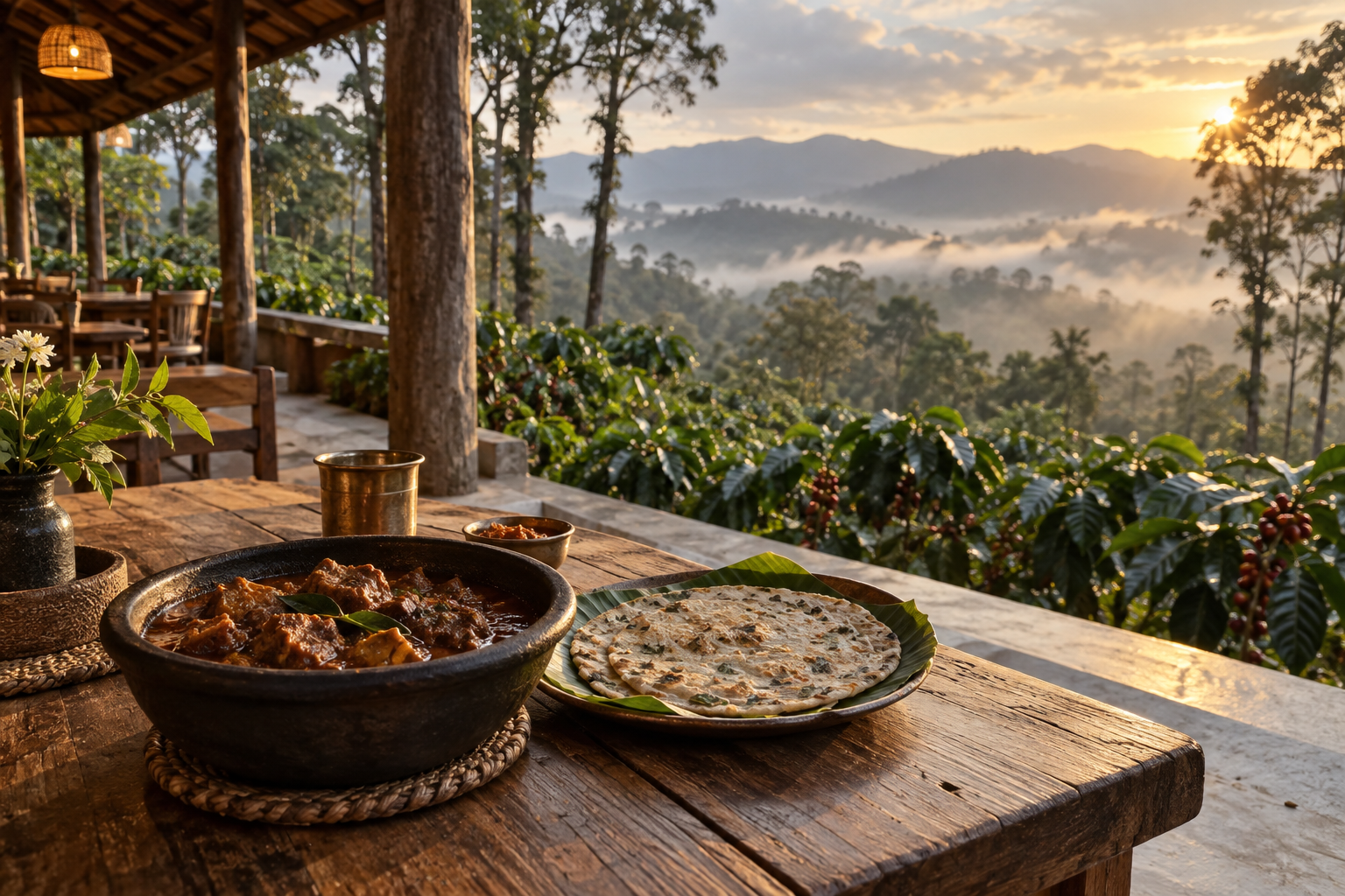Coorg pandi curry and akki roti on a coffee-estate restaurant veranda overlooking the misty Western Ghats