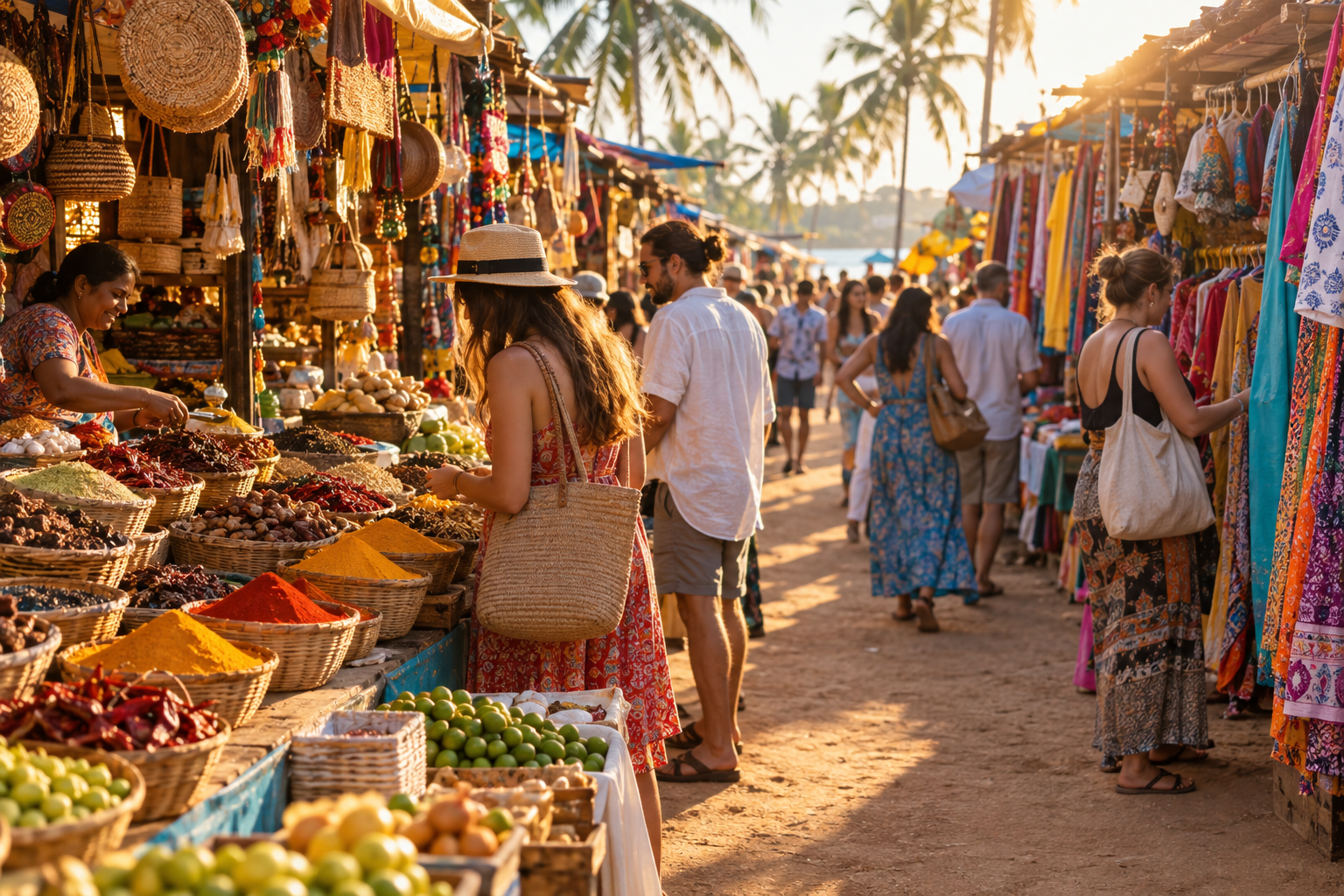 Colourful Goa market stalls with textiles, spices and produce