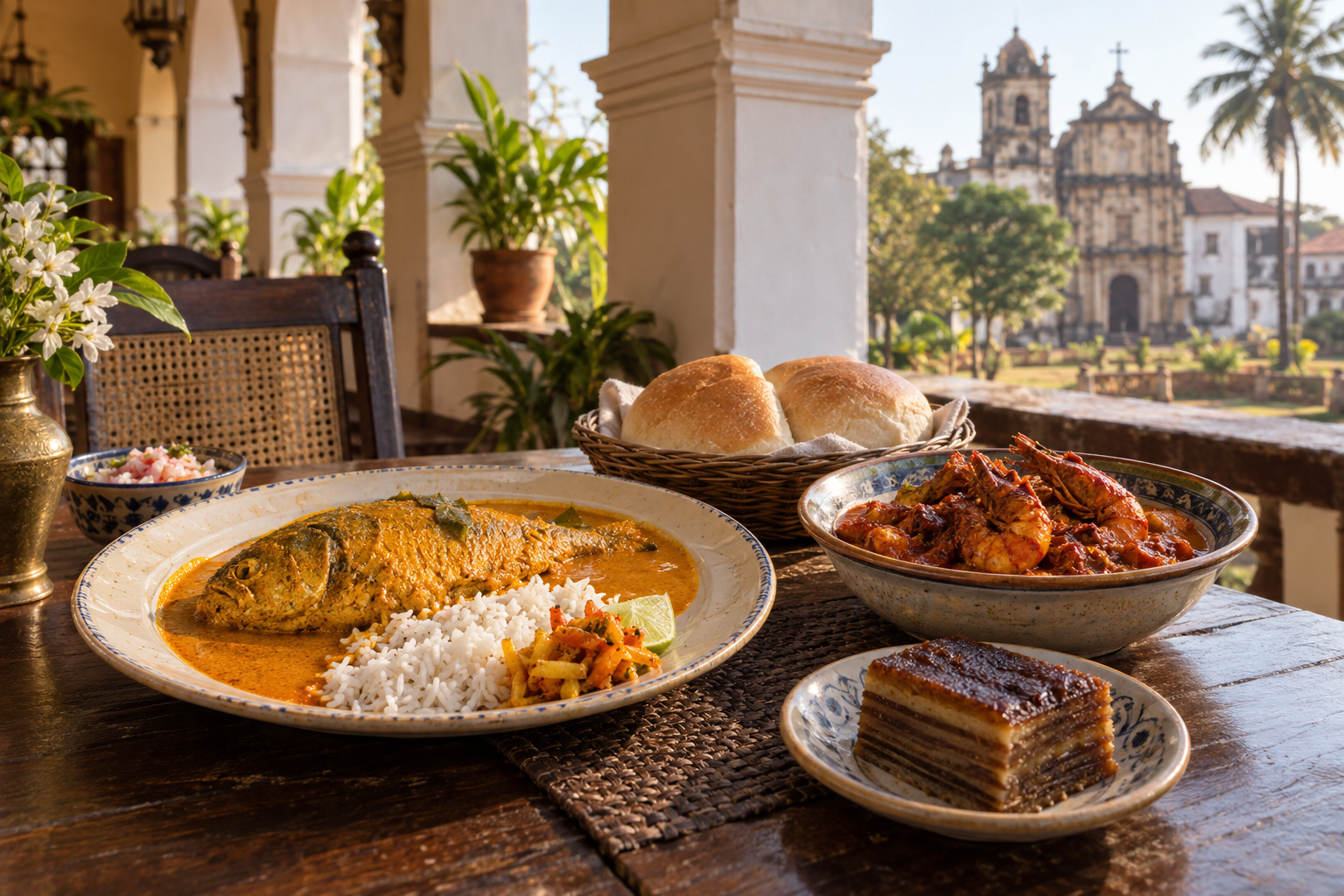 Old Goa meal with fish curry rice, prawn balchao, poi bread and bebinca