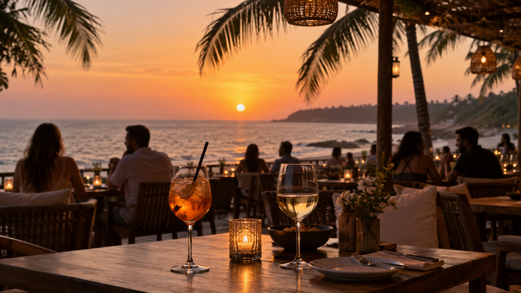 Goa sunset from an open-air seaside restaurant terrace