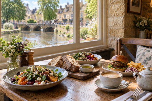 Cotswold pub and café lunch beside the River Windrush in Bourton-on-the-Water