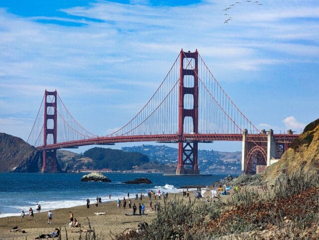 Baker Beach shoreline and Golden Gate Bridge
