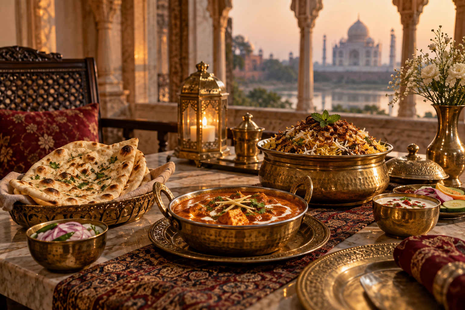 Agra meal of biryani, paneer curry and naan on a traditional table