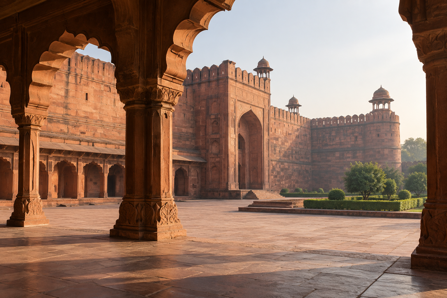 Agra Fort red sandstone courtyard framed by historic Mughal arches