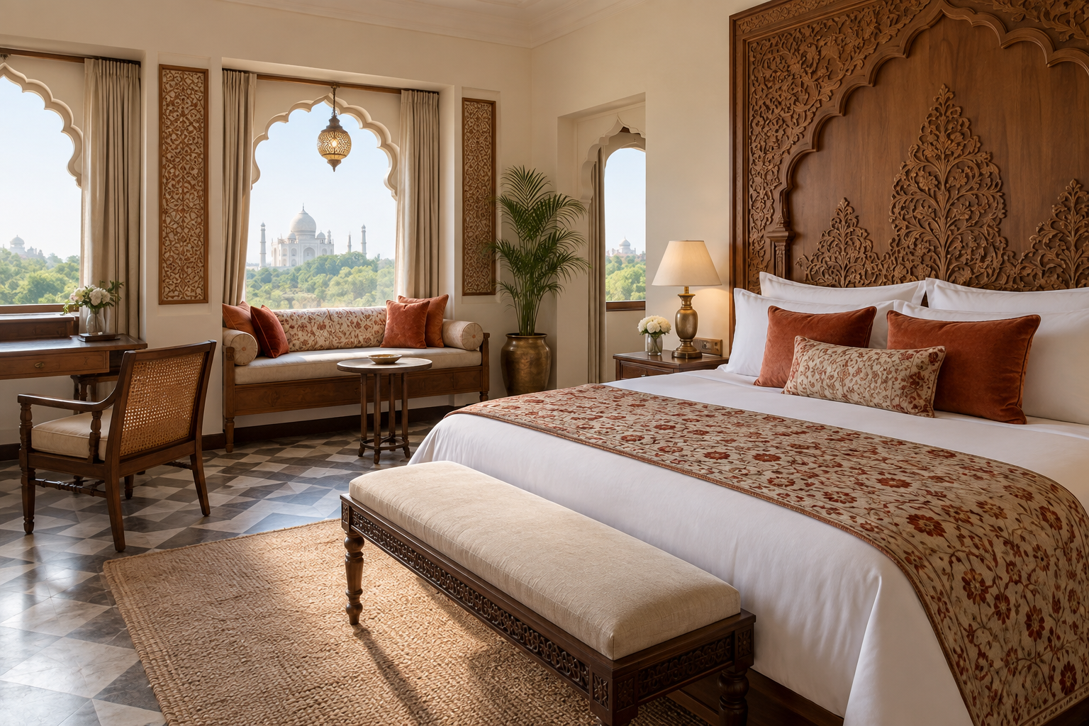 Mughal-inspired hotel room in Agra with carved wood, warm textiles and a view of the Taj Mahal
