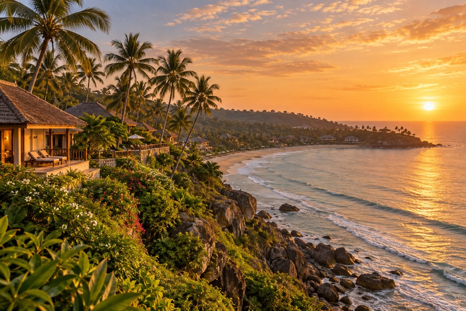 Cliff-top luxury beach resort above a crescent bay in Kovalam, Kerala at golden hour