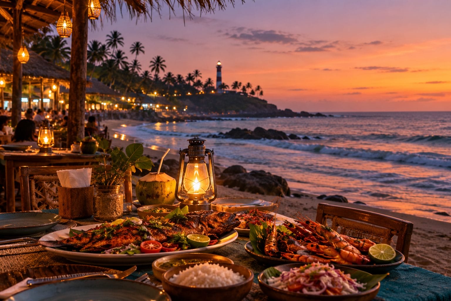 Grilled fish and prawns on a lantern-lit beachfront table at Kovalam at dusk