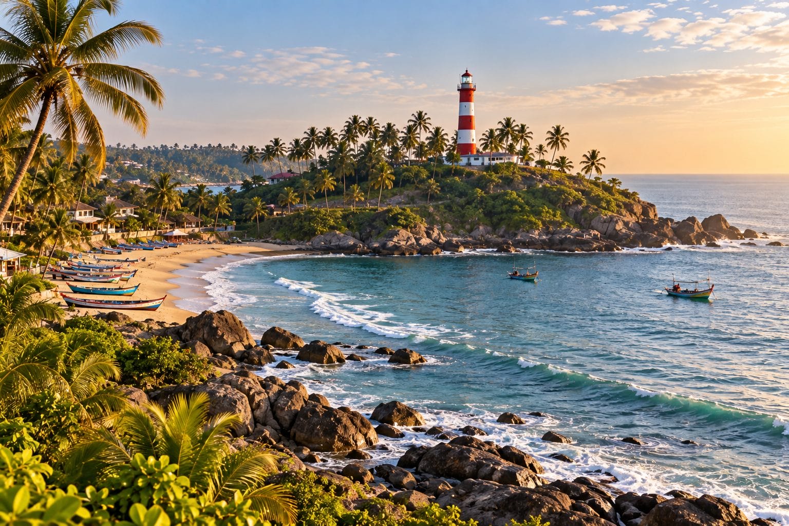 Red and white striped Vizhinjam lighthouse above Lighthouse Beach, Kovalam
