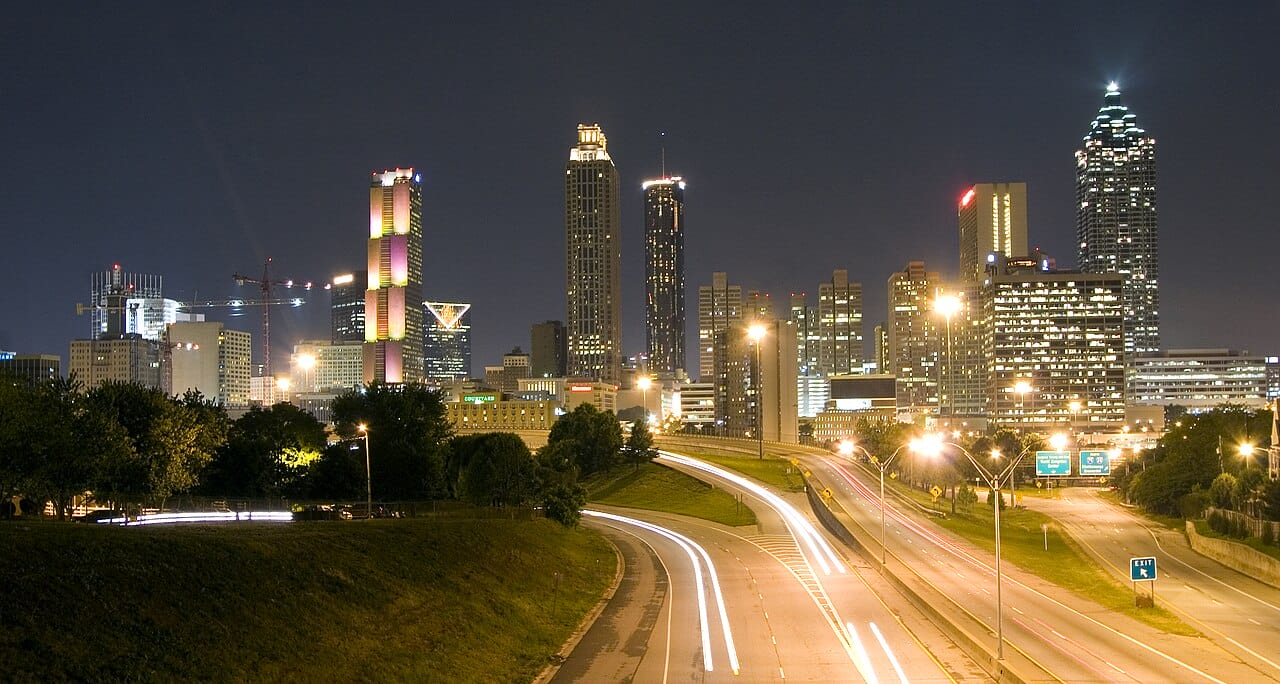 Atlanta skyline and downtown connector lit up at night