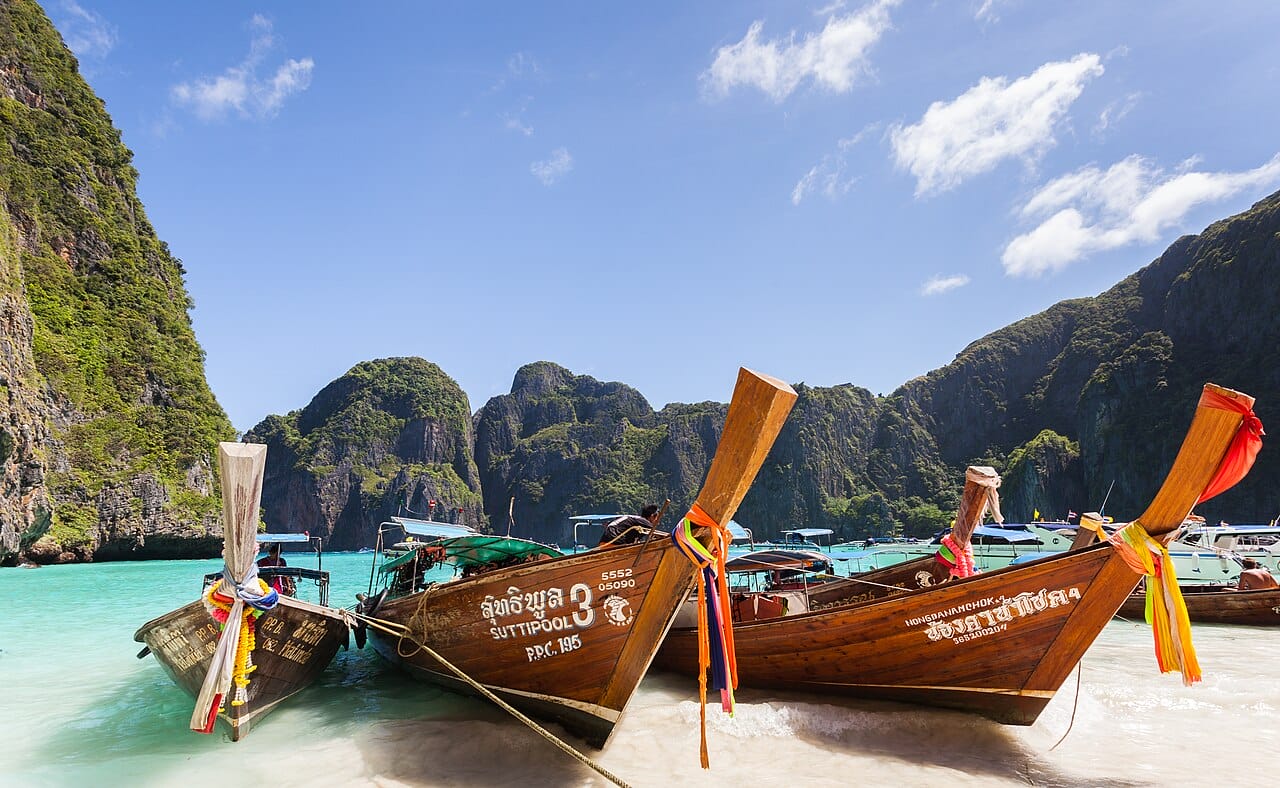 Longtail boats on the beach at Maya Bay, Koh Phi Phi Leh