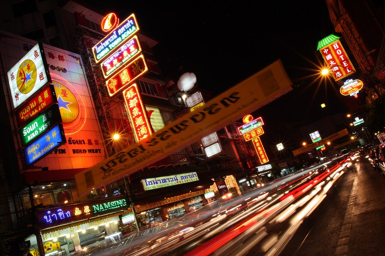Neon signs on Yaowarat Road in Bangkok Chinatown at night